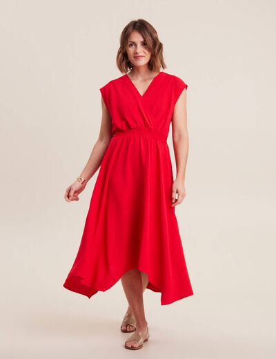 Robe évasée taille smockée rouge femme