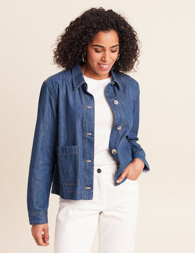Veste courte droite manches longues denim stone femme