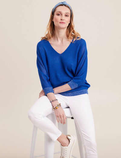 Pull manches longues col en V bleu electrique femme