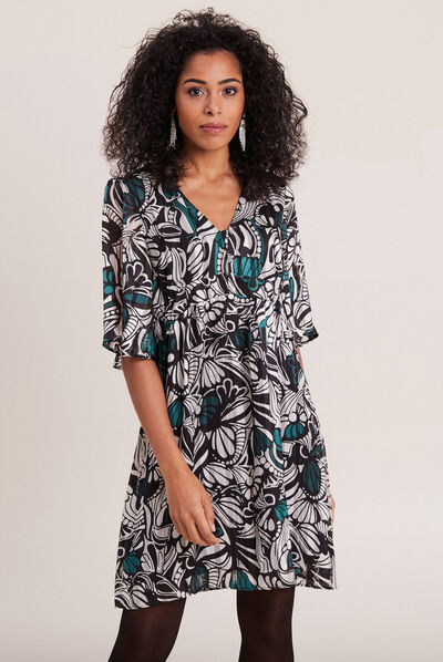 Robe évasée manches 3/4 vert foncé femme
