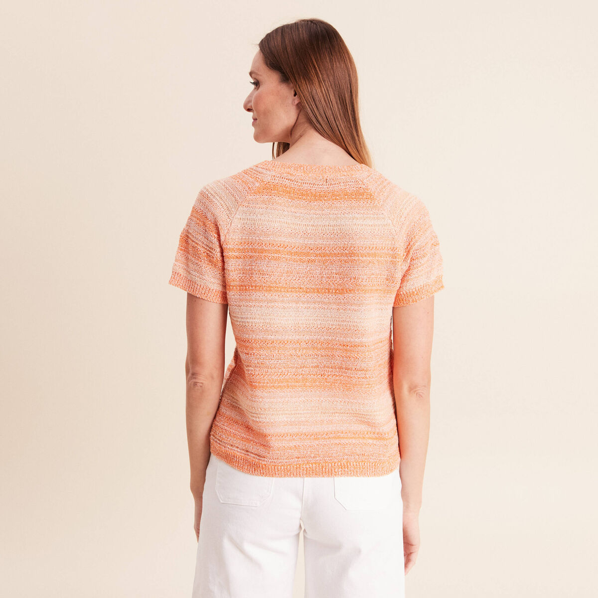 Pull col rond manches courtes orange fluo femme