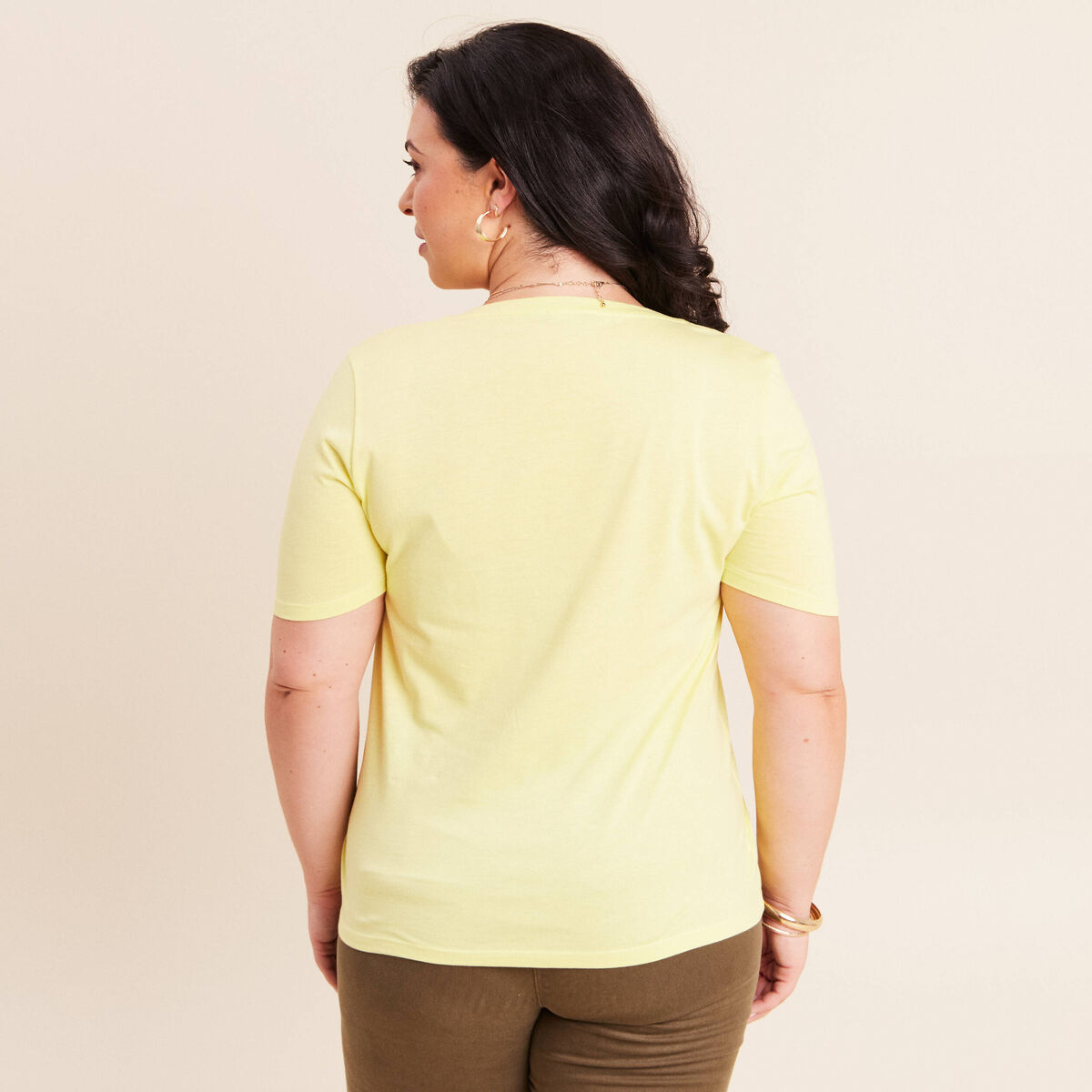 T-shirt col v manches courtes jaune clair femme
