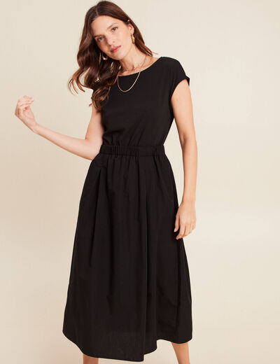 Robe longue évasée bi-matière noir femme