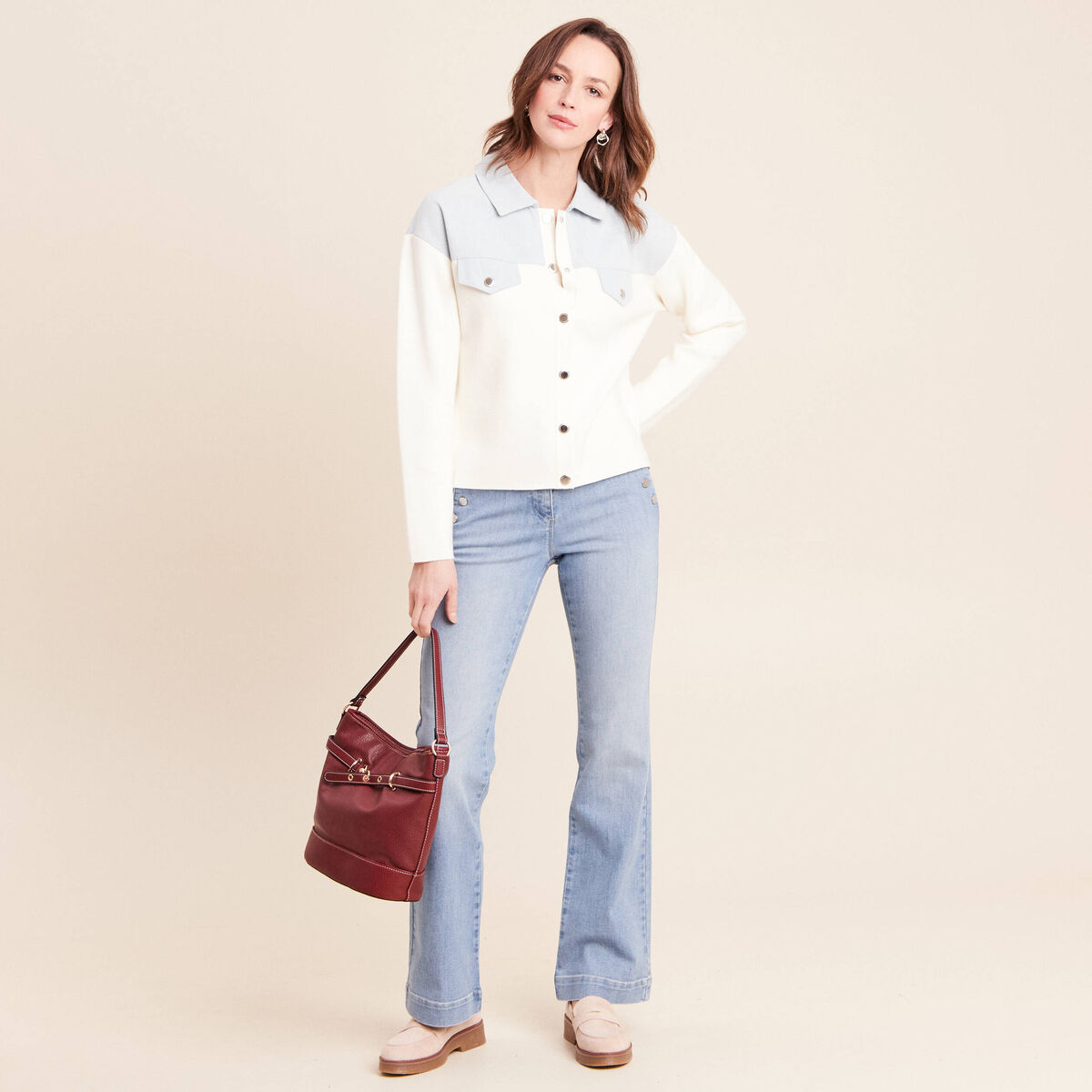 Gilet manches longues col chemise ecru femme