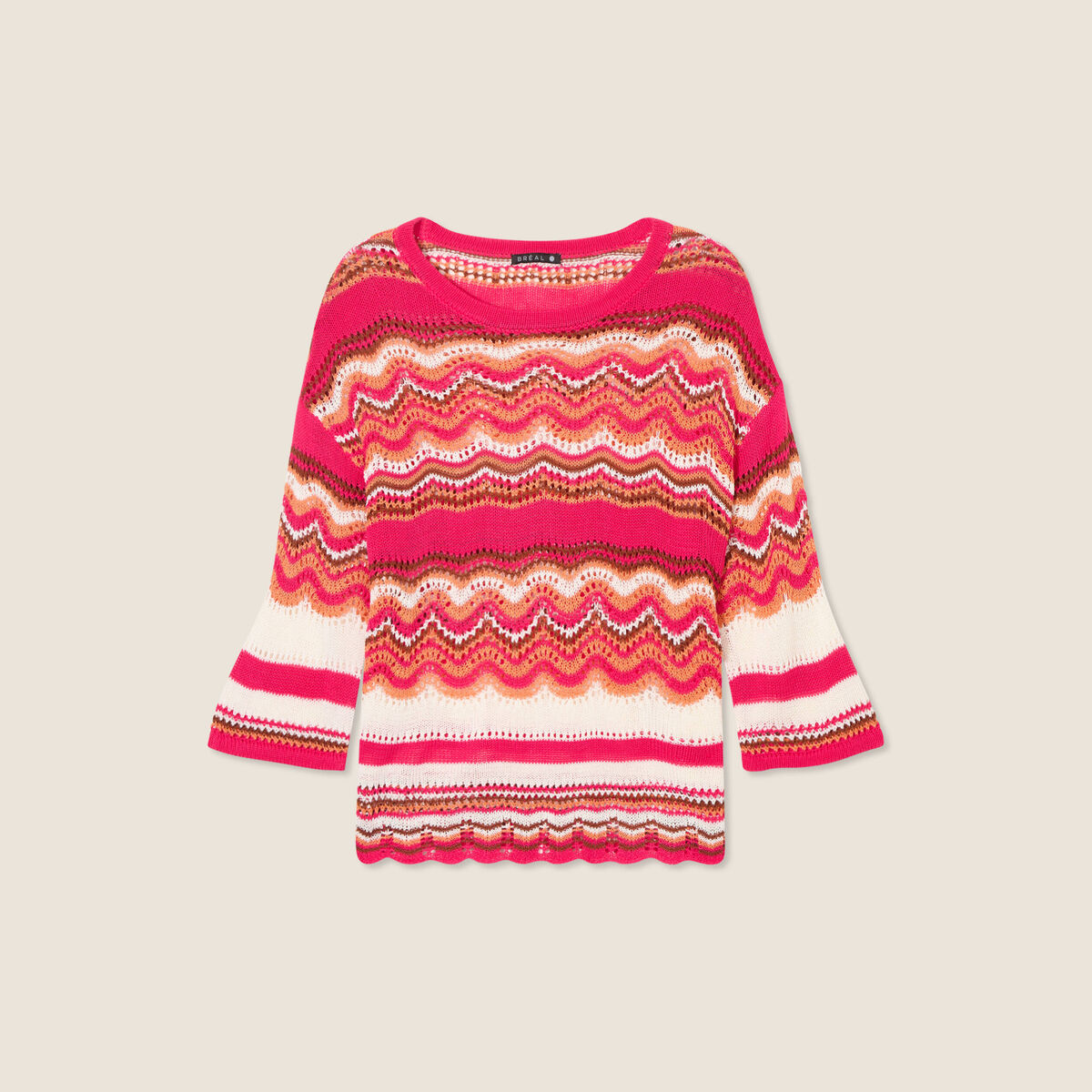 Pull manches 3/4 ajour&eacute; rose fushia femme