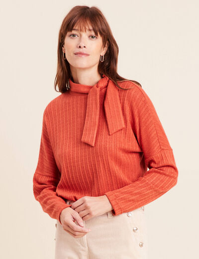 T-shirt col nou&eacute; manches longues rouge fonc&eacute; femme