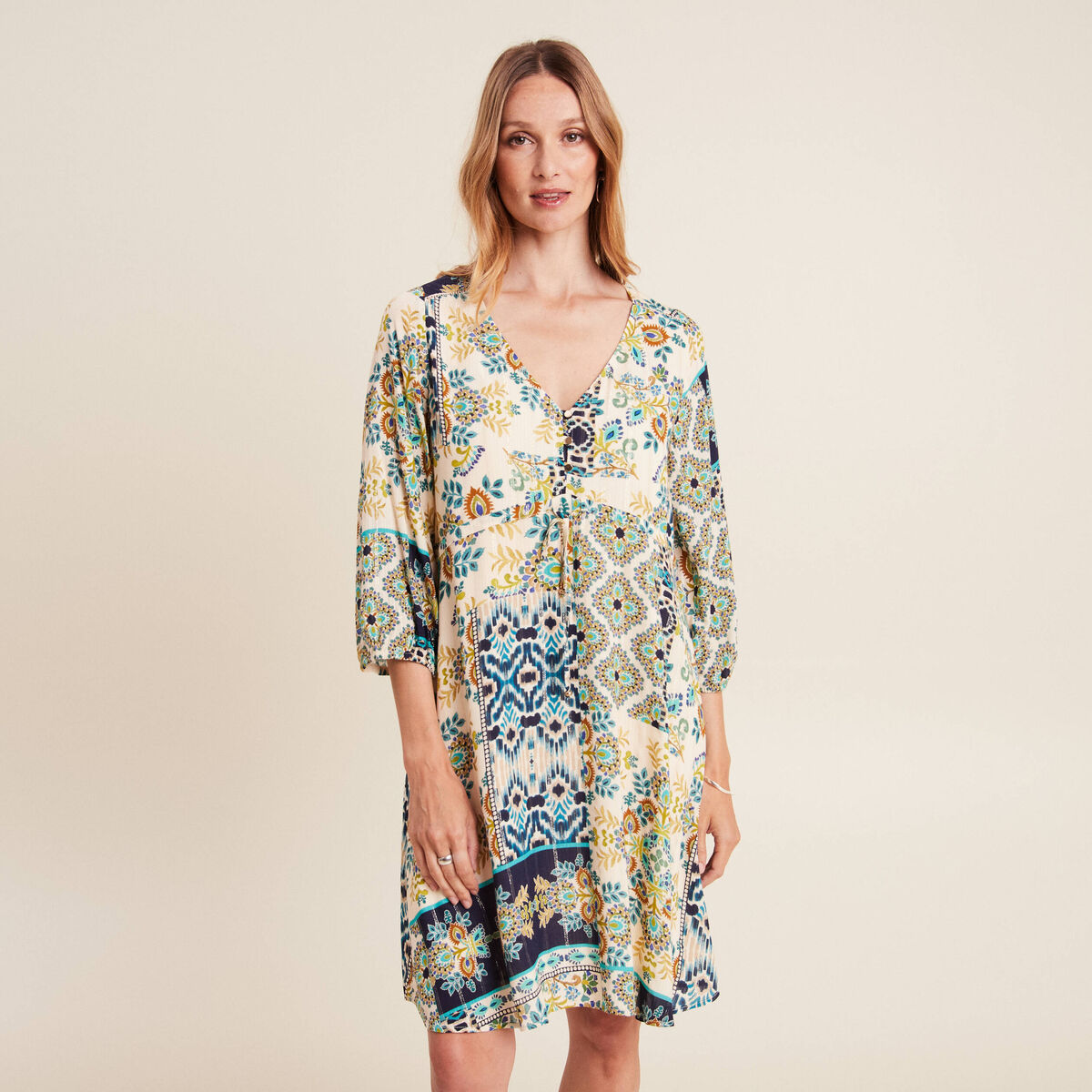 Robe évasée fluide manches 3/4 bleu femme