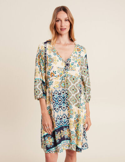 Robe évasée fluide manches 3/4 bleu femme