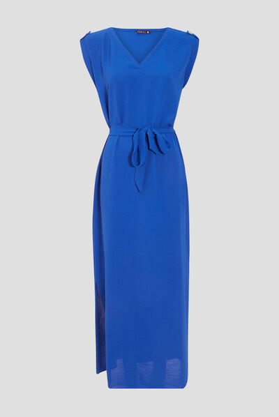 Robe longue droite ceinturée bleu electrique femme