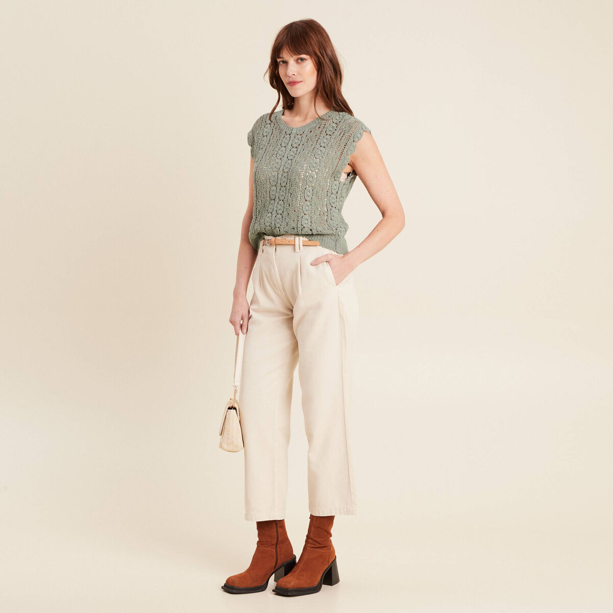 D&eacute;bardeur macram&eacute; vert clair femme