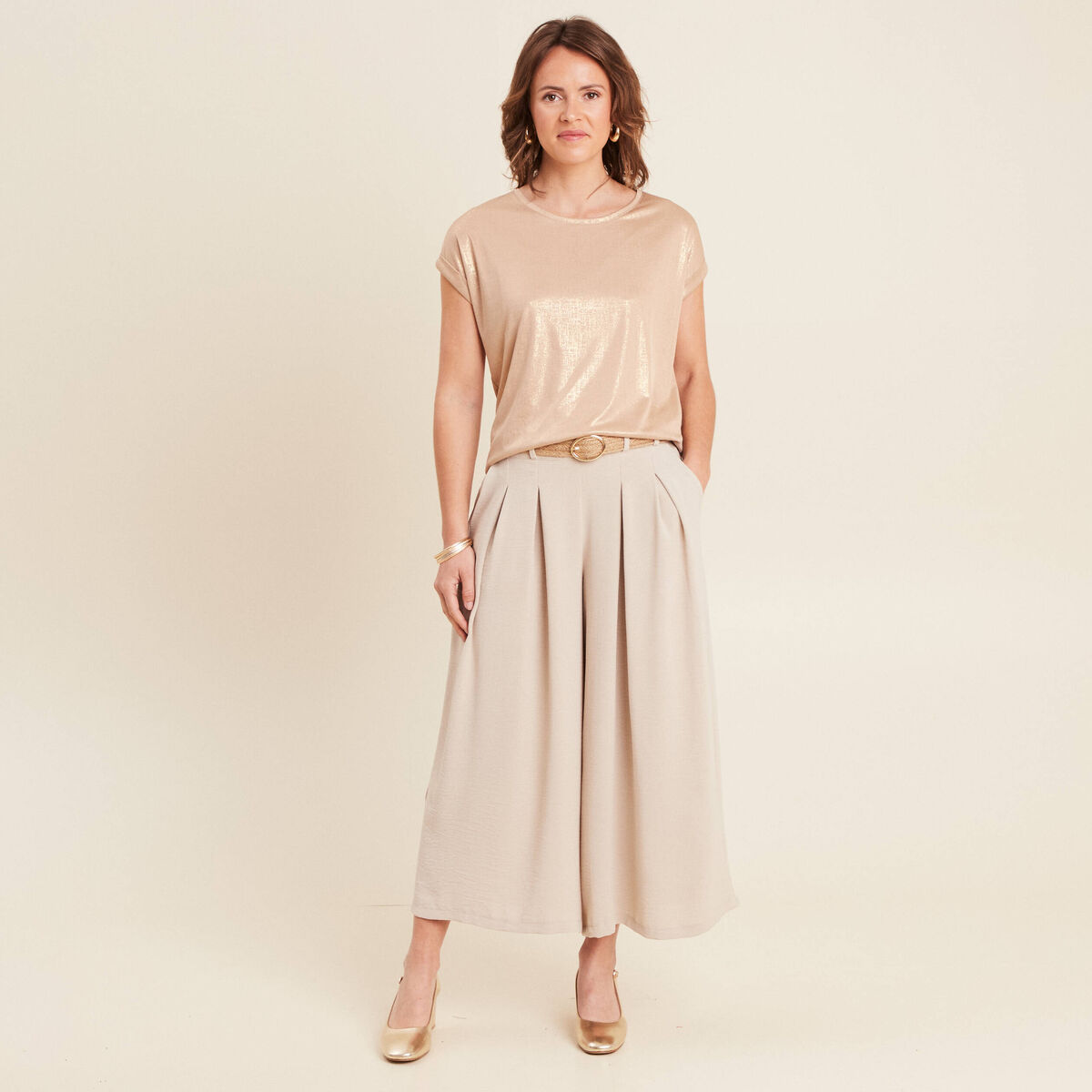 Pantalon jupe-culotte large gris clair femme