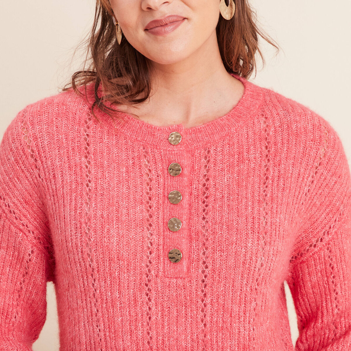 Pull col tunisien manches longues rose femme