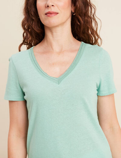 T-shirt manches courtes col en V vert clair femme