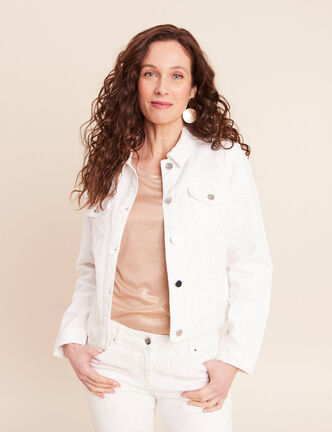 Veste cintr&eacute;e en jean avec broderies blanc femme