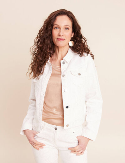 Veste cintr&eacute;e en jean avec broderies blanc femme