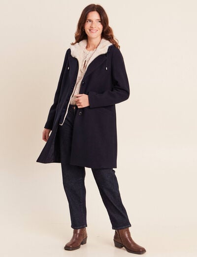 Manteau ajust&eacute; capuche amovible bleu fonc&eacute; femme