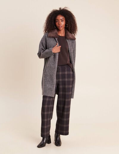 Gilet droit long col chemise gris fonc&eacute; femme