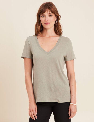 T-shirt manches courtes col en V vert clair femme