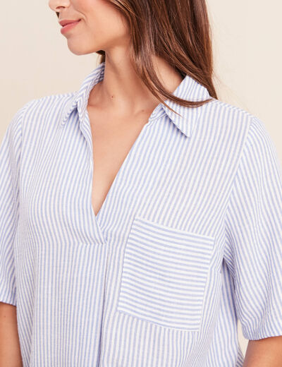 Blouse ample col chemise manches courtes bleu femme