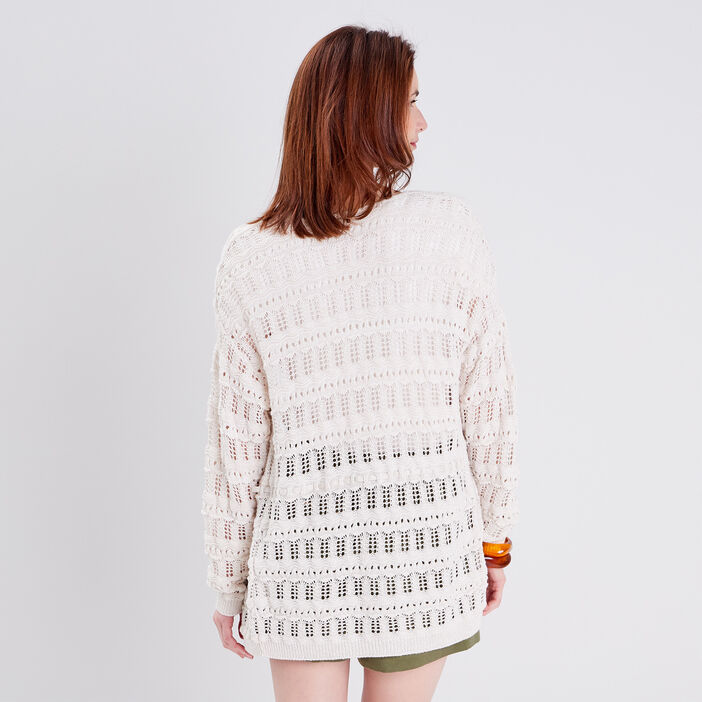 Gilet manches longues ajouré ecru femme