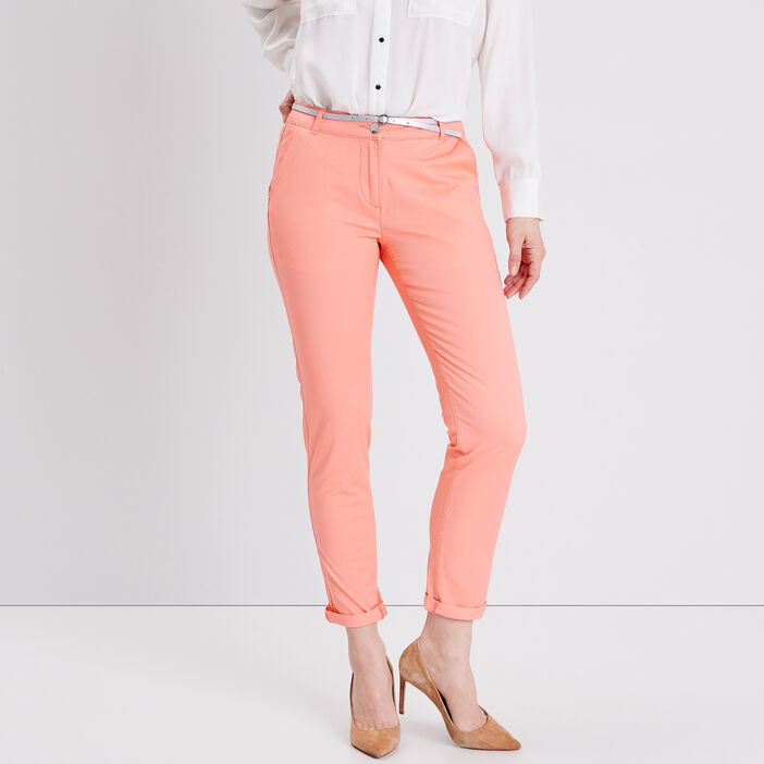 Pantalon chino droit orange corail femme