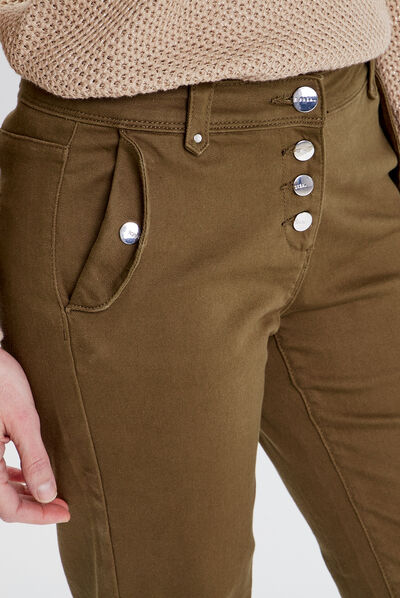 Pantalon droit boutonné vert olive femme