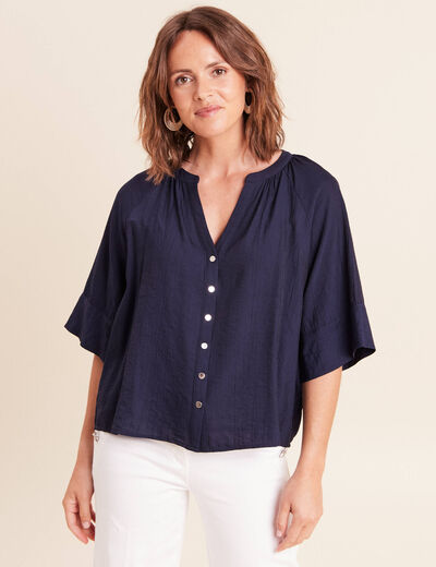 Blouse ample col v manches 3/4 bleu marine femme