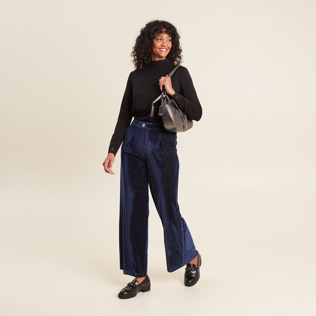 Pantalon large velours bleu fonc&eacute; femme