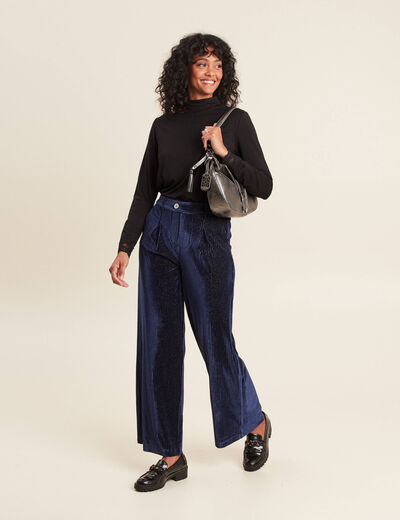 Pantalon large velours bleu foncé femme