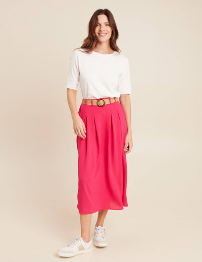Jupe longue évasée ceinturée rouge corail femme