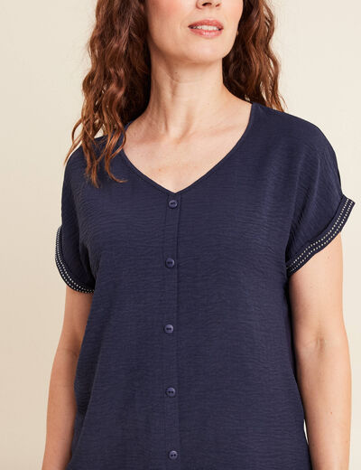 Blouse col v manches courtes bleu foncé femme