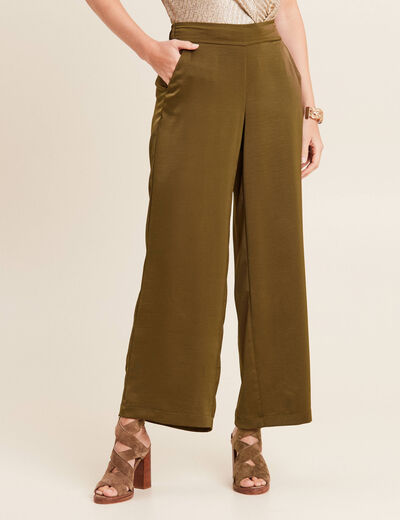 Pantalon large satin vert olive femme