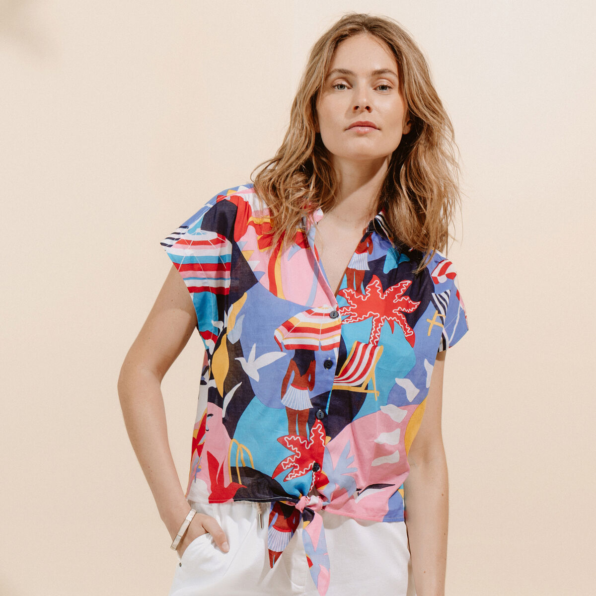 Chemise ample courte &agrave; manches courtes multicolore femme