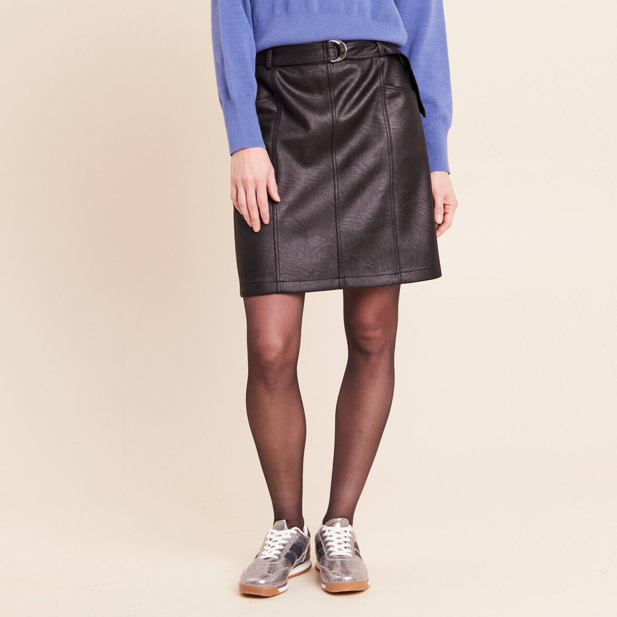 Jupe doubl&eacute;e en similicuir noir femme