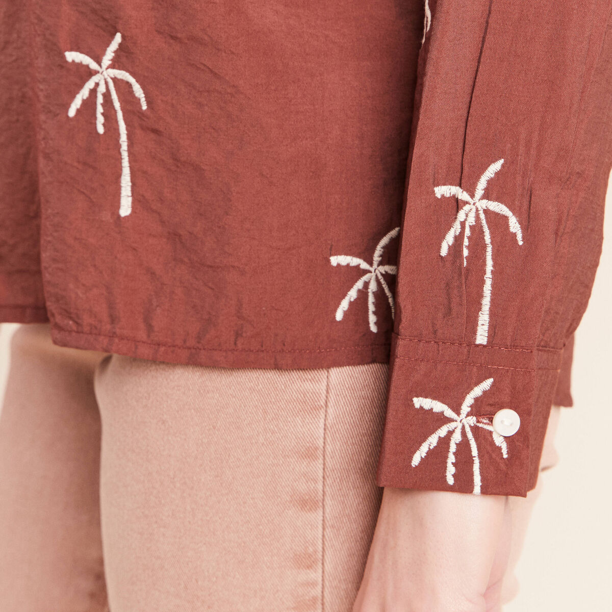 Chemise fluide brod&eacute;e manches longues marron femme