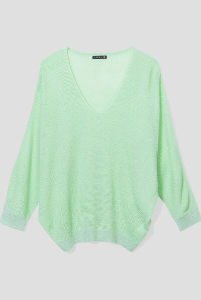 Pull manches longues col en V vert fluo femme