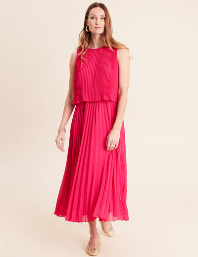 Robe longue &eacute;vas&eacute;e pliss&eacute;e sans manches rose fushia femme