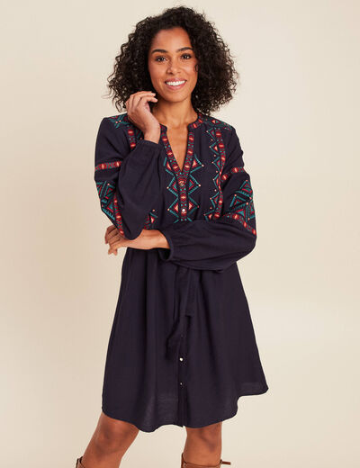 Robe brod&eacute;e col tunisien rouge femme