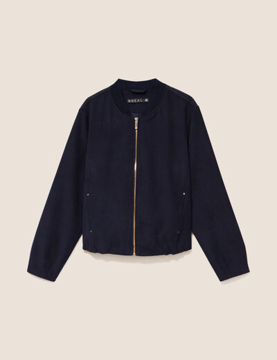 Bomber manches longues en velours doubl&eacute; bleu fonc&eacute; femme