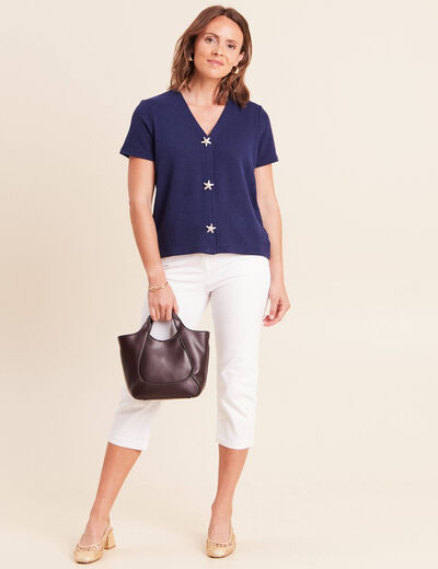 T-shirt col v manches courtes bleu marine femme
