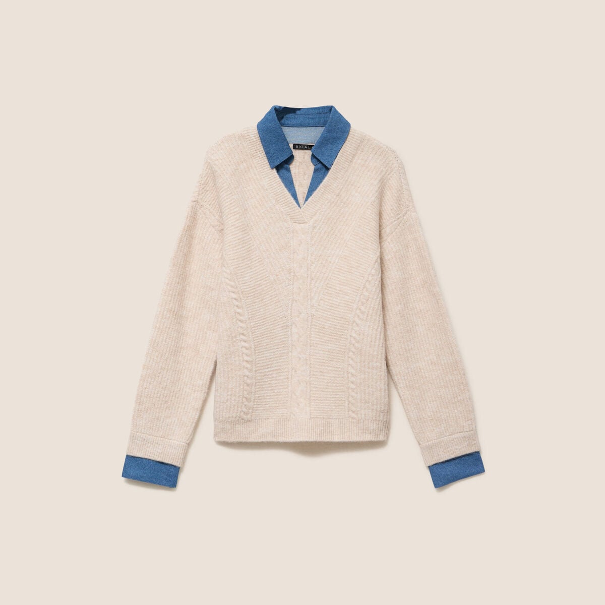 Pull bi-mati&egrave;re col chemise ecru femme