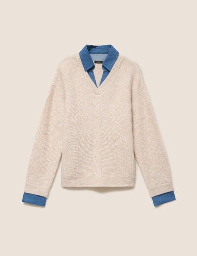 Pull bi-mati&egrave;re col chemise ecru femme
