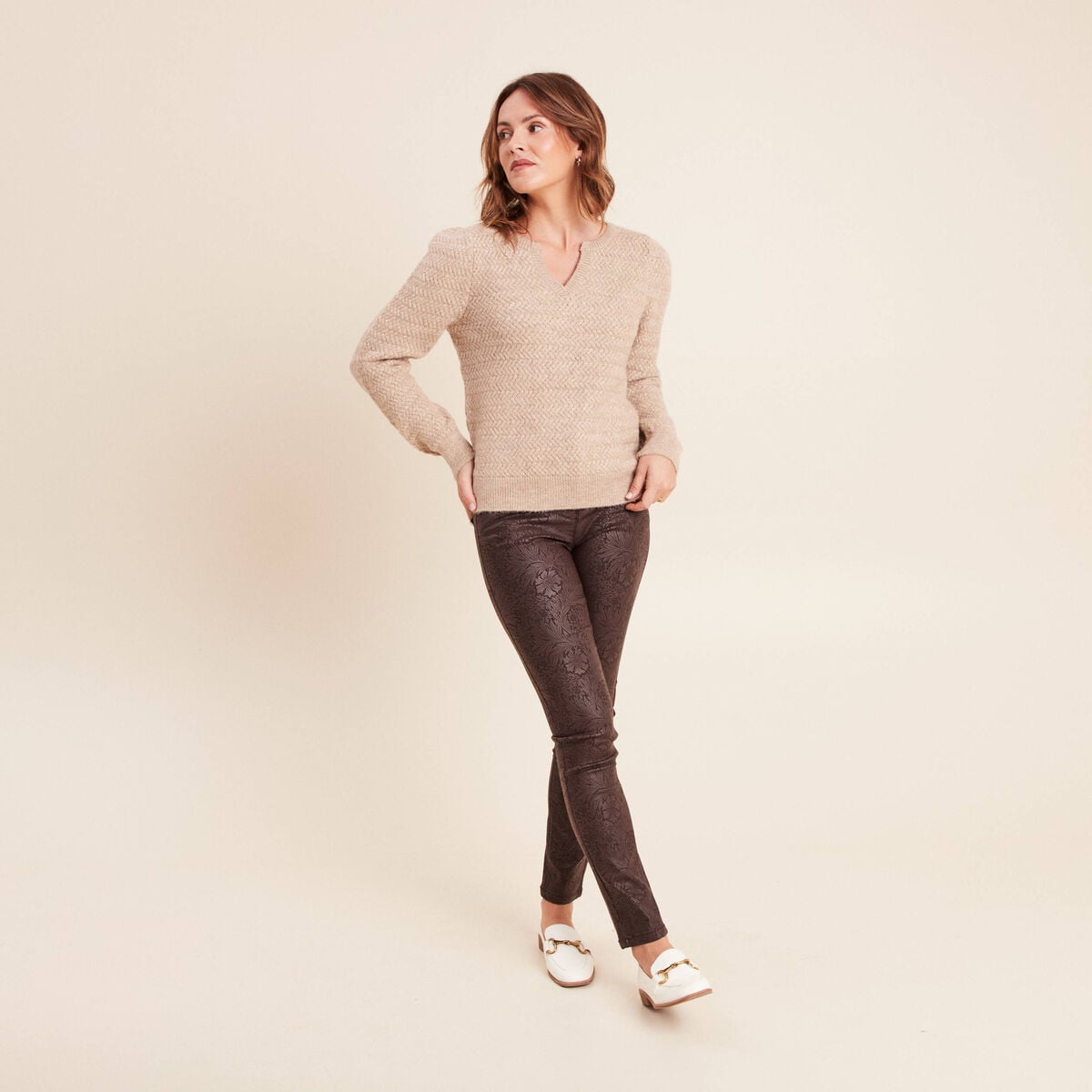 Pull col tunisien manches longues beige femme