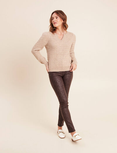 Pull col tunisien manches longues beige femme