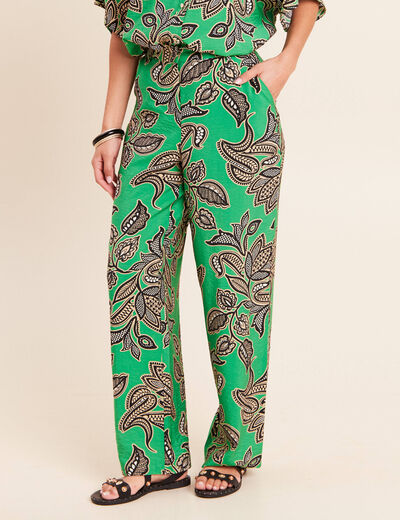 Pantalon large taille haute vert femme