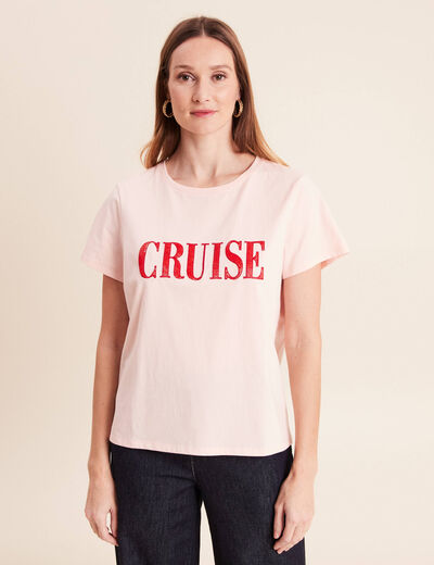 T-shirt col rond manches courtes rose poudr&eacute;e femme