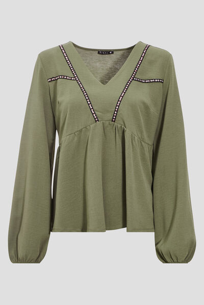 T-shirt manches longues vert kaki femme
