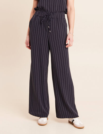 Pantalon large taille haute bleu femme