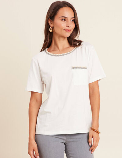 T-shirt col rond manches coudes tressé ecru femme