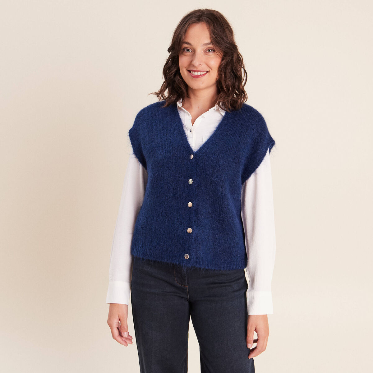 Gilet droit mi-long col v bleu marine femme